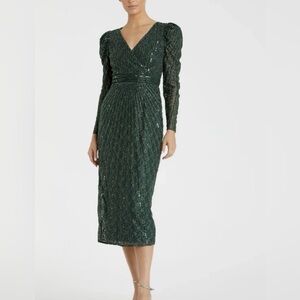 Mac Duggal Green Sequin V-Neck Midi Dress Size 4 New